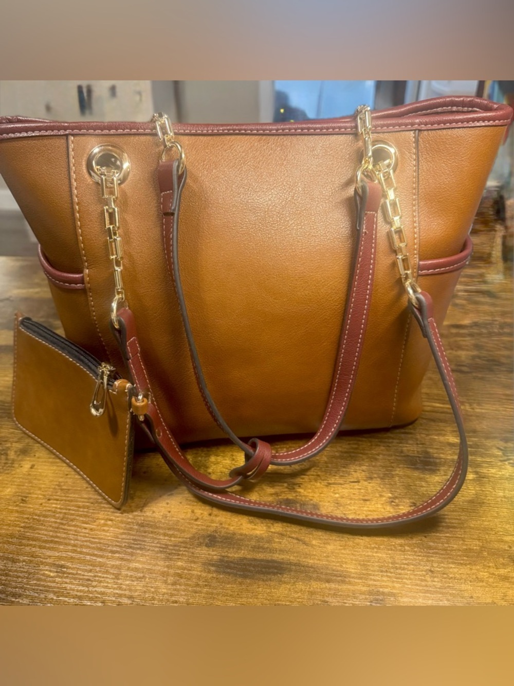 Two Tone Cognac Brown Tote Bag w Wristlet Gold Hardware Shoulder Bag
